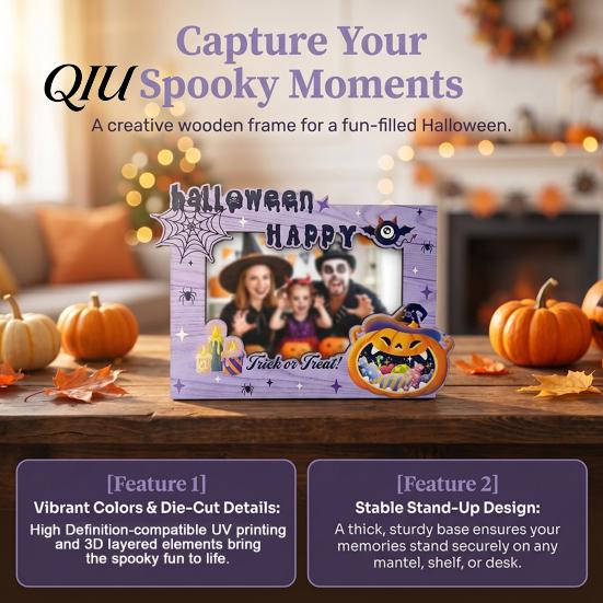 Decorative Desktop Frames Halloween Wooden Photo Frame, Double Layer Wood Tabletop Picture Holder, Pumpkin Ghost Bat Displays Creative Display