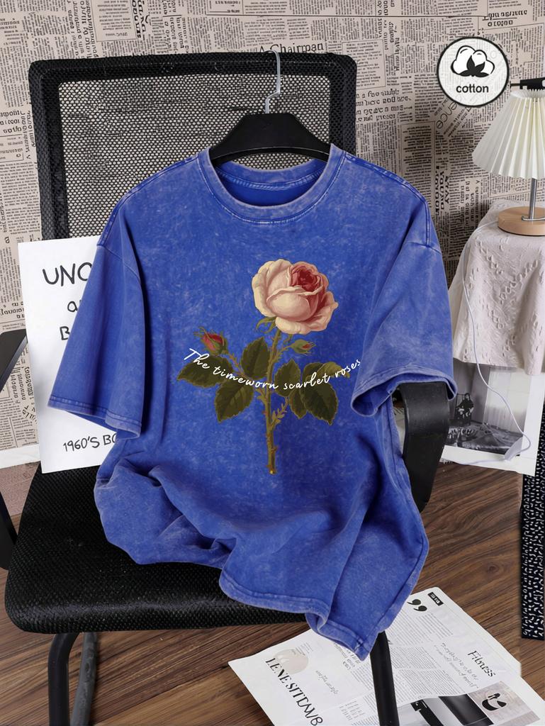 The Timeworn Scarlet Roses Print Women Washed T-Shirt Casual Comfortable T Shirts Cotton Summer Clothes Y2K Loose Short Sleeve
