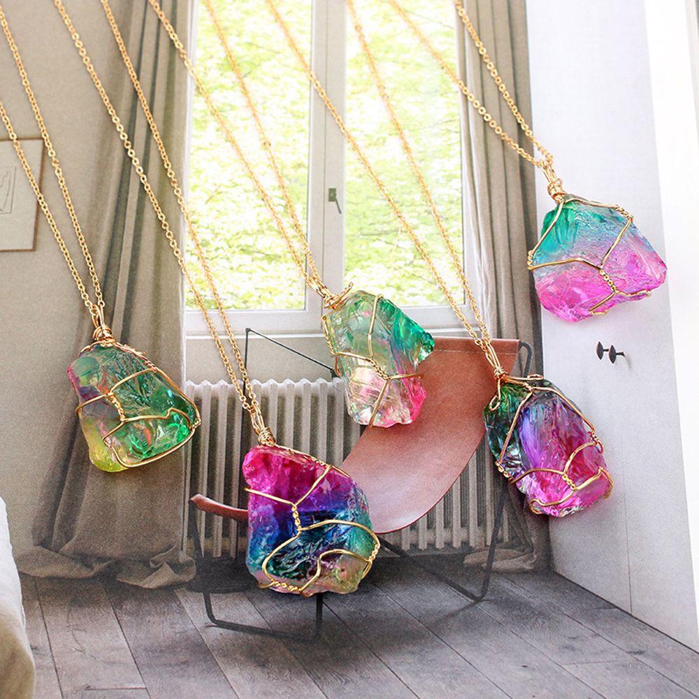 Gold Plated Chakra Quartz Jewelry Natural Crystal Pendant Necklace Irregular Rainbow Stone