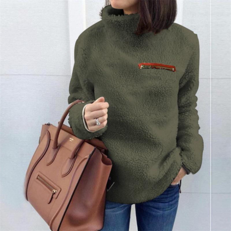 Women's Autumn and Winter Plus Size Plus Thin Velvet Short Section Pullover Tall Neck Sweatshirt Solid Colour Warm Outerwear
