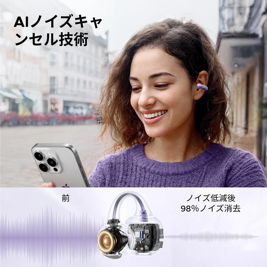 UGREEN Bluetooth-наушники-каффы с ИИ-шумоподавлением, полностью водонепроницаемые IPX5, до 30 часов работы, фиолетовые, 5.4, качество Hi-Fi, ENC, шумоподавление, открытого типа, клипсы,
