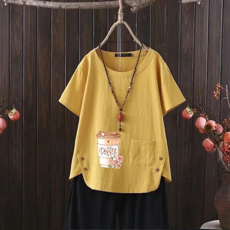 Женский летний хит продаж, стильная повседневная футболка с бесплатным графическим принтом, винтажная льняная рубашка с круглым вырезом, рубашка с короткими рукавами, топ s-4xl