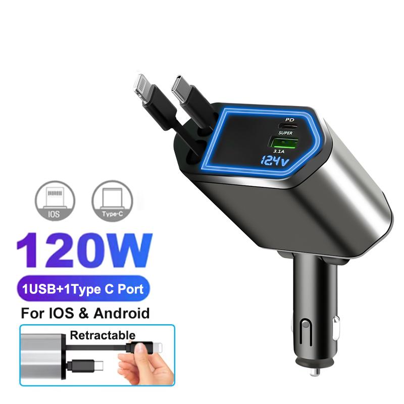 120W 5 In 1 Retractable Car Charger USB C Cable 3 Ports with Retractable Cords with Volt Display For IPhone Huawei Samsung