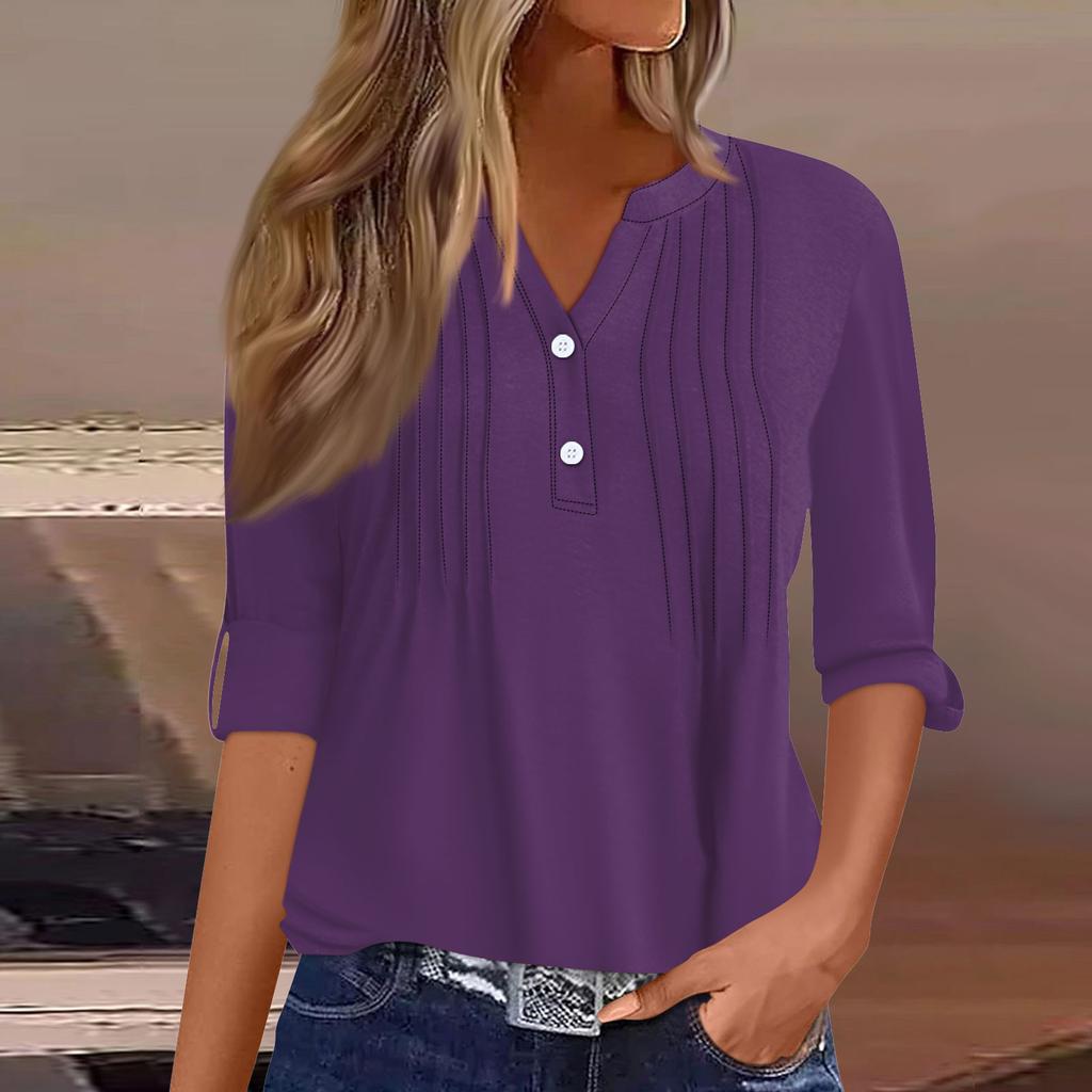 Women's Fashion Casual Solid Colour V-Neck Long Sleeve Button Down T-Shirt Top