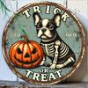 A Festive 8" X 8" Retro Halloween Aluminum Sign French Bulldog and Pumpkin Playing Trick or Treat Together the Perfect Outdoor