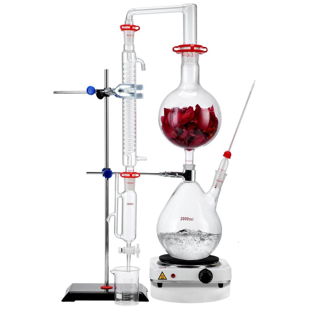 Essential Oil Distillation Kit, 2000ml Distillation Apparatus, 3.3 Boro Lab Glassware Distillation Kit with 1000W Heating Plate and 24, 40 Joint, 28