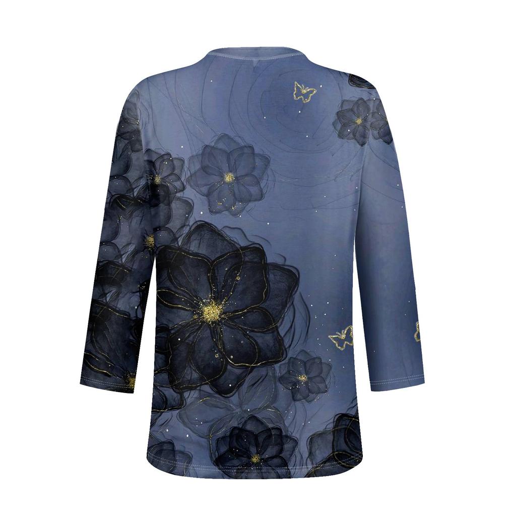 Женская мода повседневный топ с длинным рукавом и круглым вырезом с цветочным принтом