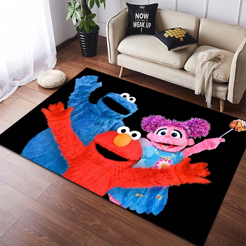 Sesame Street Elmo Black Background Logo Cartoon Print Anti-slip Area Rug Living Room Bedroom Decor Floor Mat For Cartoon Fans