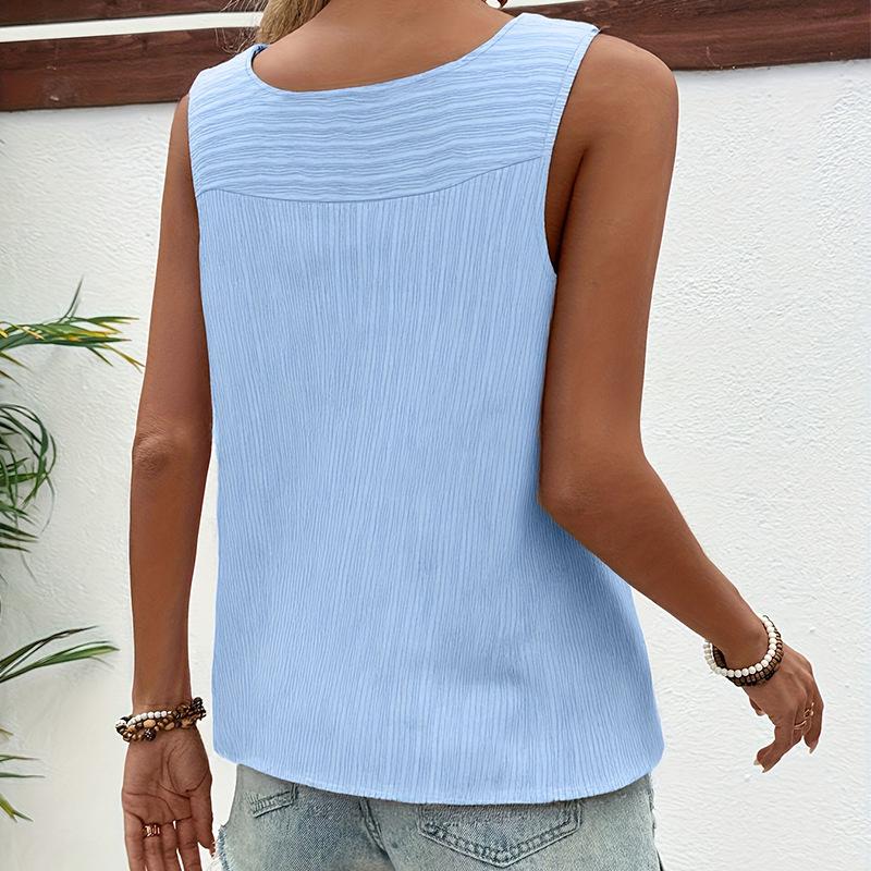 European and American summer new solid color U-neck single-breasted semi-open women's vest T-shirt top