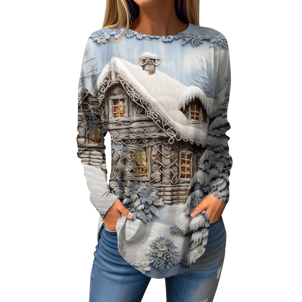 Женская свободная футболка с круглым вырезом и рождественским принтом, длинный рукав, пуловер, толстовка с длинными рукавами