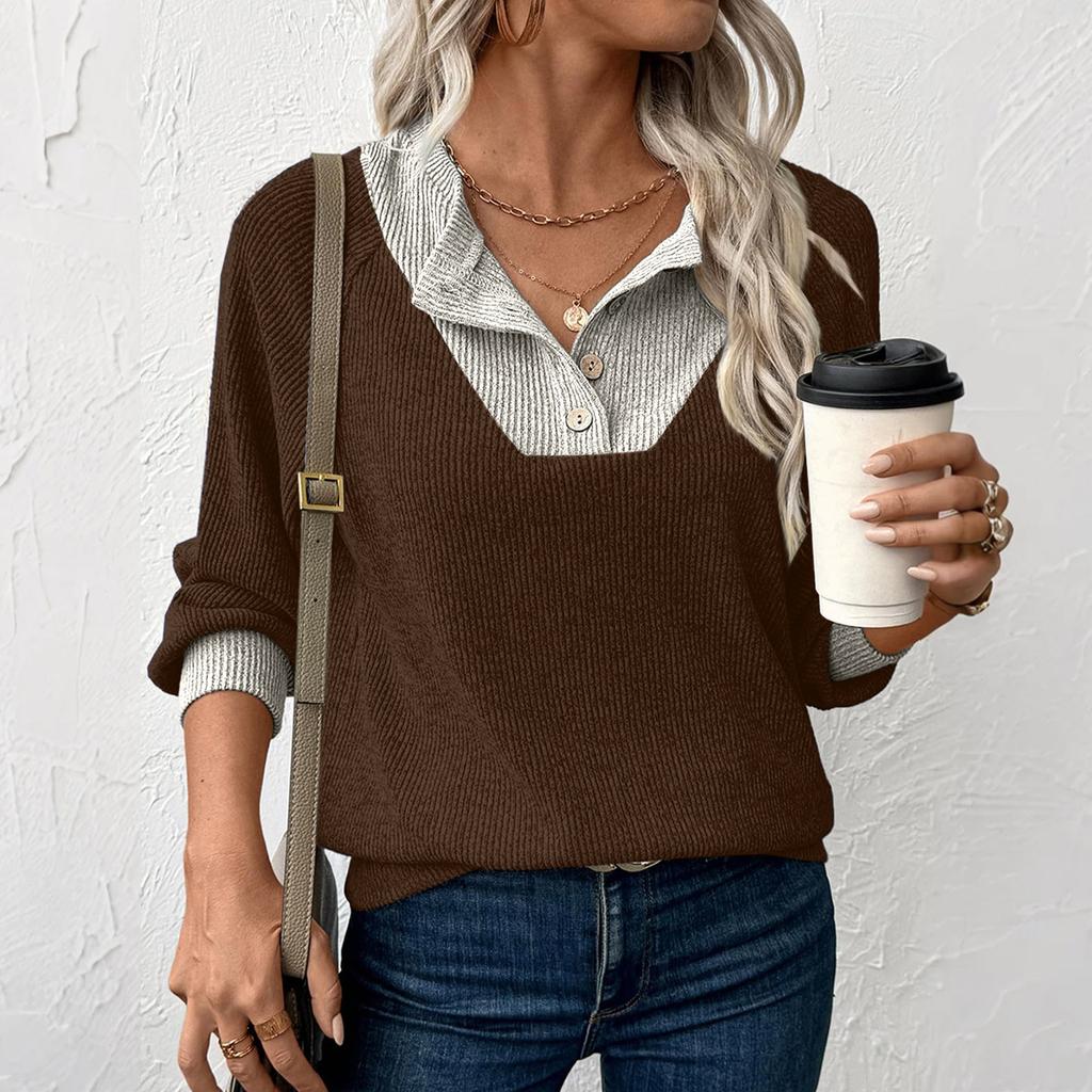 Женский пуловер с лацканами, модный топ контрастного цвета со строчкой
