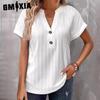Spring Summer Women's Fashion Casual Solid Color Button V-neck Short Sleeve T-shirt Women