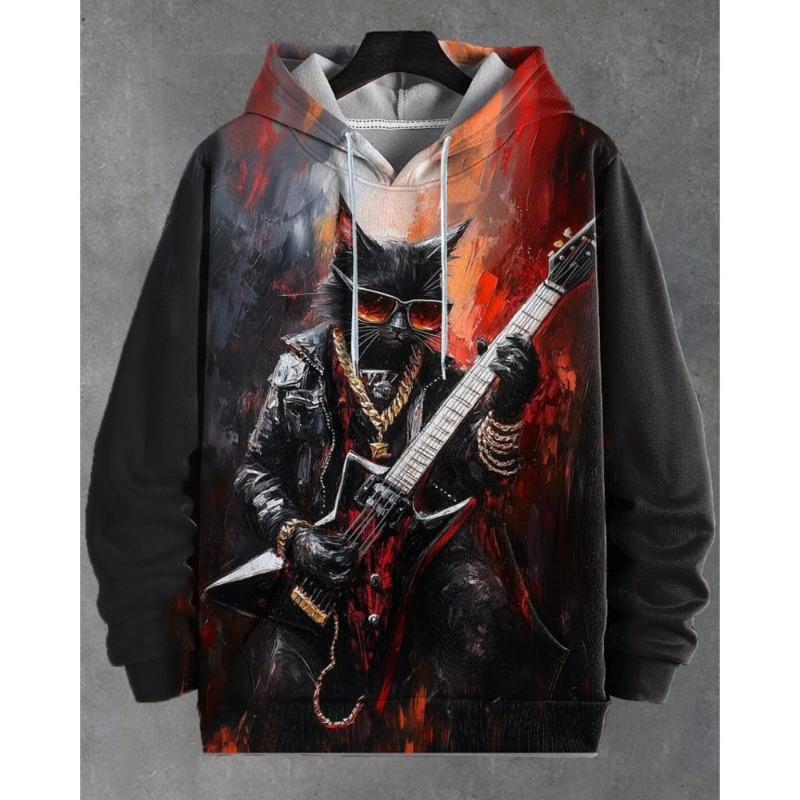Guitar Cat Hoodies Graffiti Art 3D Print Men Women Hip-Hop Hooded Sweatshirts Harajuku Y2k Pullover Tracksuit Coat Man Clothing