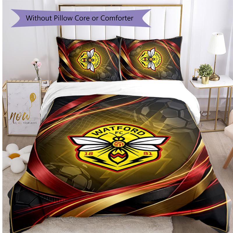Watford Football Printed 3 Pieces Bedding Set, Comfortable Skin Friendly Bedroom Duvet Cover Set