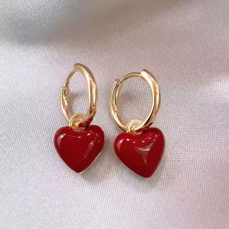 Delicate Sweet Pink Heart Shape Drop Earrings for Women Romantic Gold Color Geometry Hoop Earring Girls Party Daily Jewelry Gift