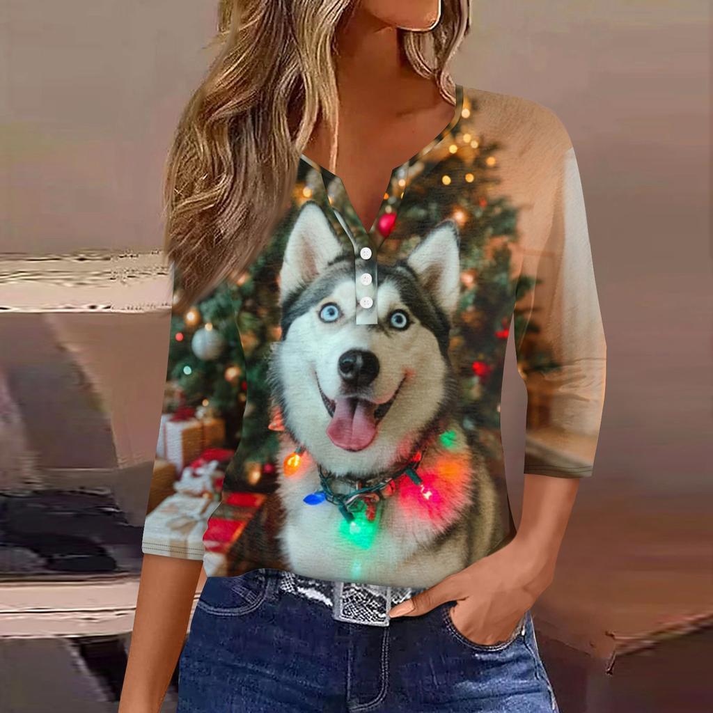 Women's Fashionable Casual Christmas Printed V-neck Three-quarter Sleeve Decorated Button Top