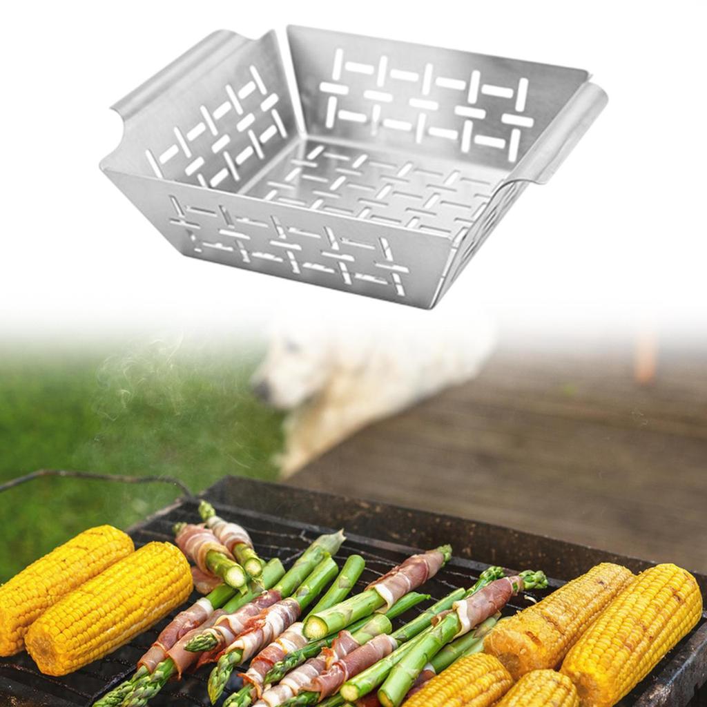 BBQ Veggies Grill Basket Accessories for Barbecue Curved Handles Rust Resistant Deep Tray