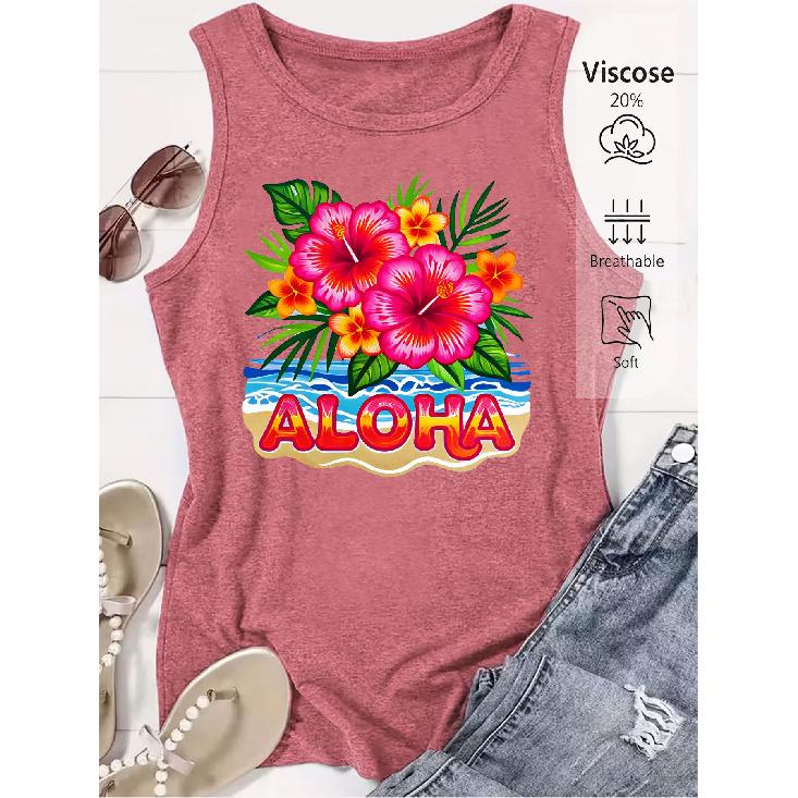 Elegant Vest for Women ALOHA Hawaiian floral print casual loose summer vest Fashionable and elegant tops for commuting, vacation, and everyday wear,