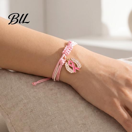 Adjustable Braided Bracelet Breast Cancer Awareness for Women, Woven String with Lightweight Daily Wear Wristband Ribbon Charm, Handmade Rope Survivor