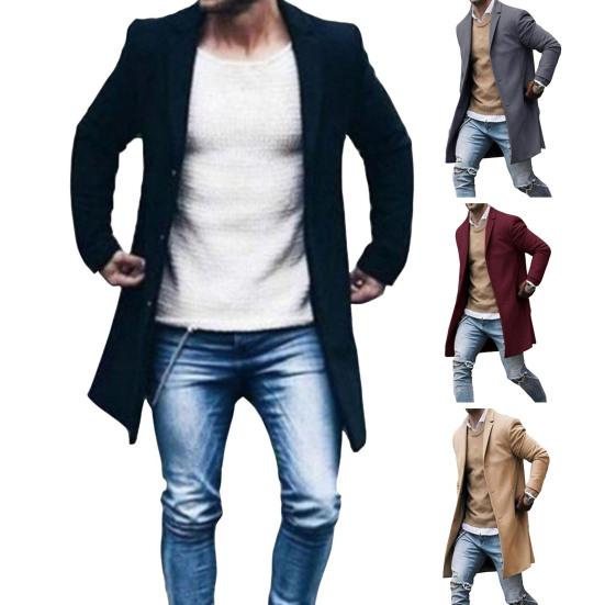 Мужская ветровка с лацканами, длинный рукав, однобортная теплая верхняя одежда с карманами, однотонная куртка средней длины, пальто