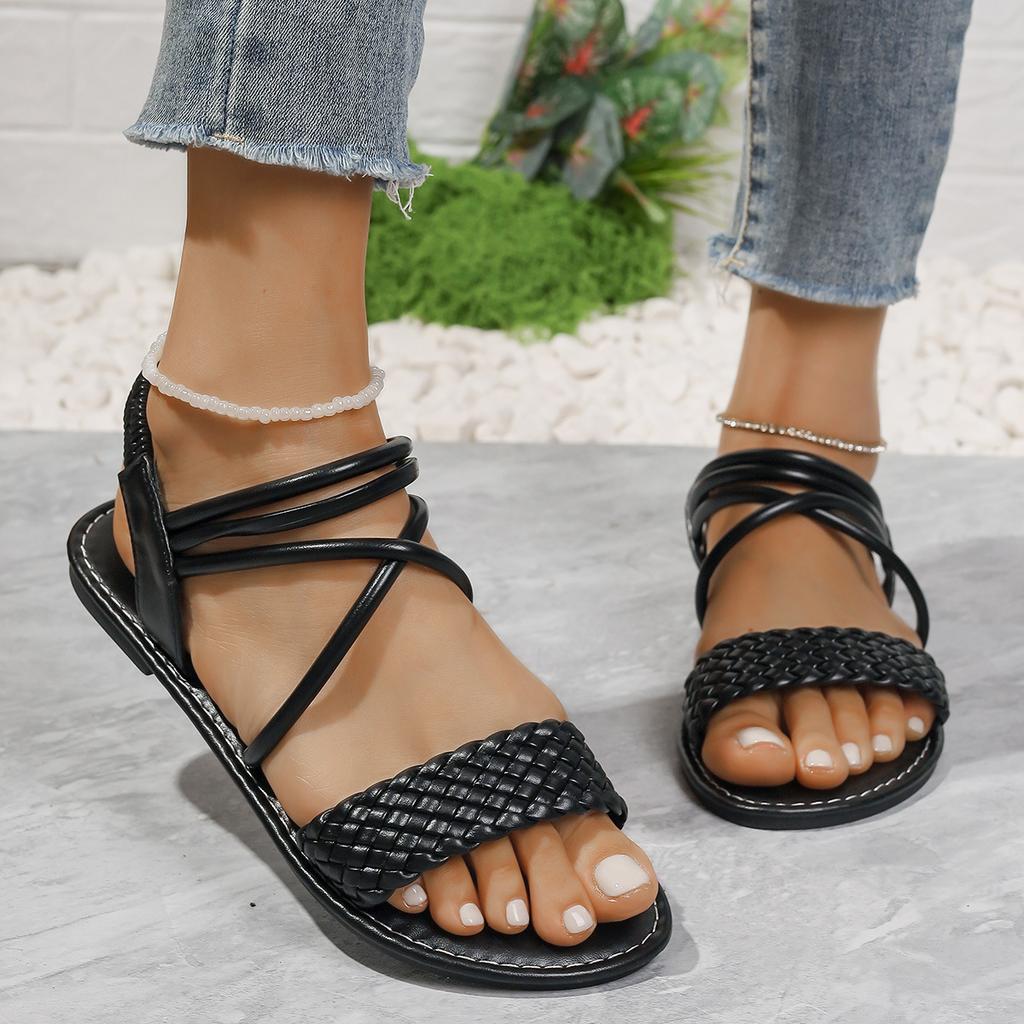 Сандалии большого размера, женская летняя одежда, плетеные сандалии на плоской подошве, модные универсальные феи, римские сандалии