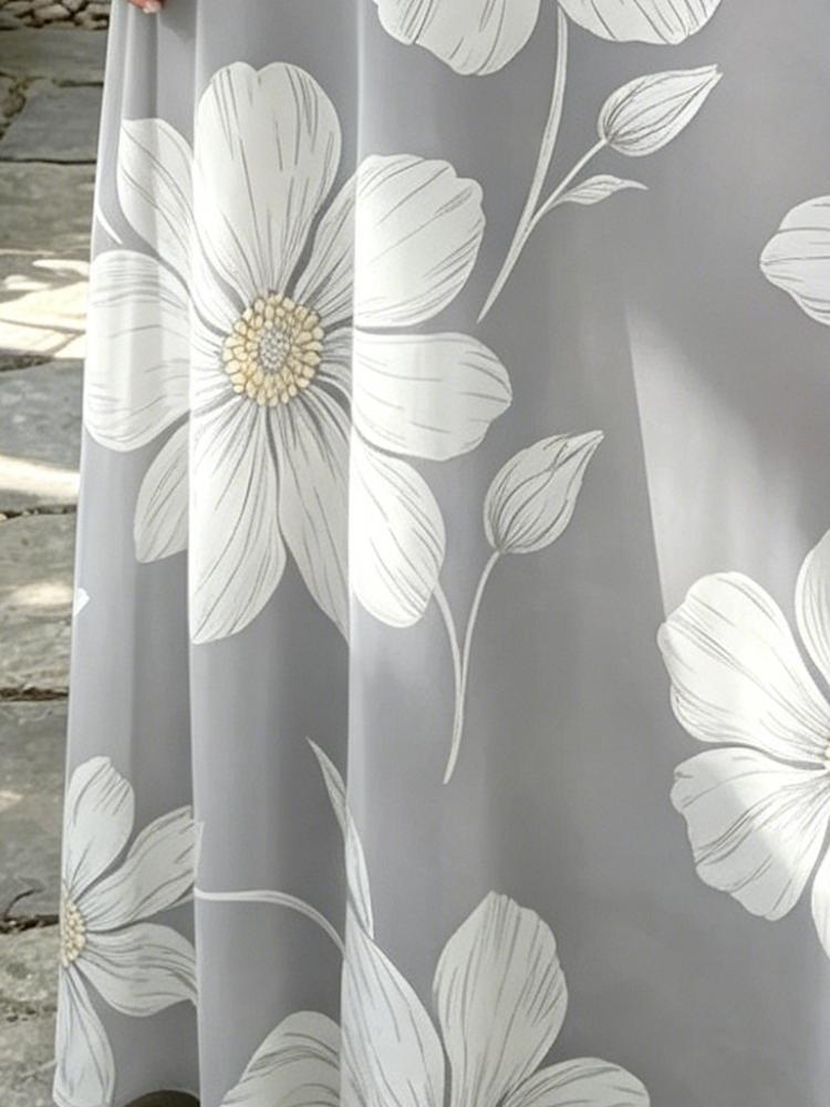 Bohemian Maxi Dress Light Gray White Flower Vacation flowy slip Thin sleeveless French spaghetti Elegant Spring Travel Dress