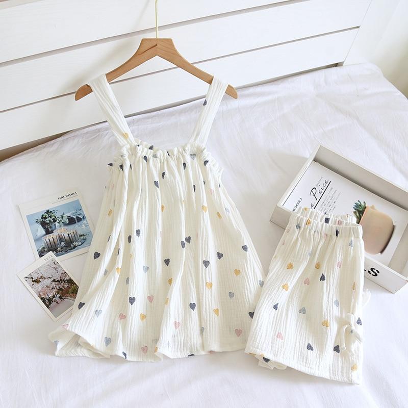 2025 Summer New Style Ladies Pajamas Two-piece 100%Cotton Crepe Suspender Shorts Vest Suit Sweet And Loose Home Service Sexy Pjs