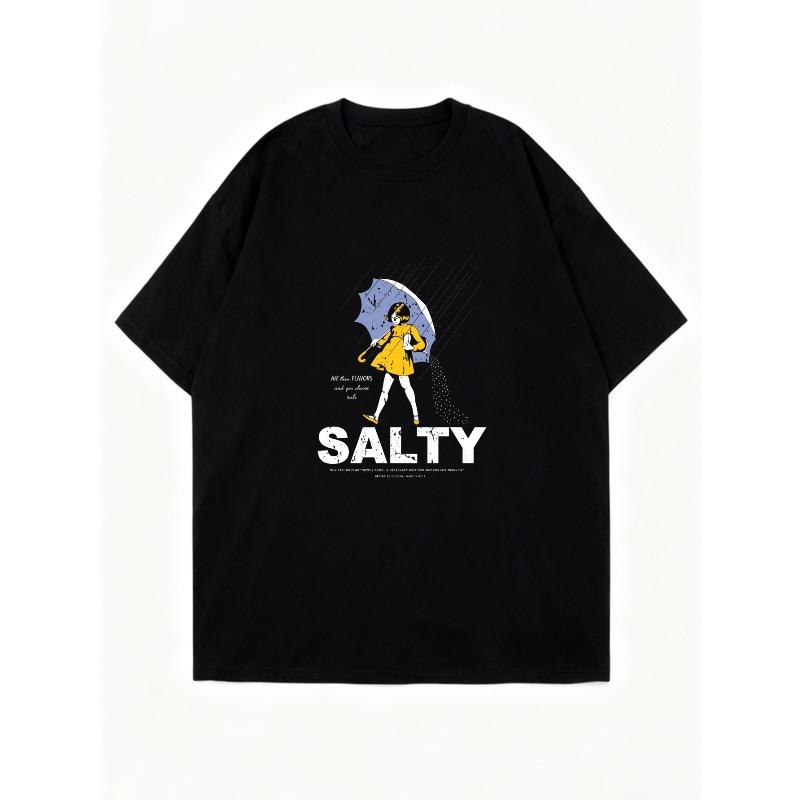Оверсайз футболка черная Salty Girl с зонтом и принтом текста Повседневная уличная одежда для женщин