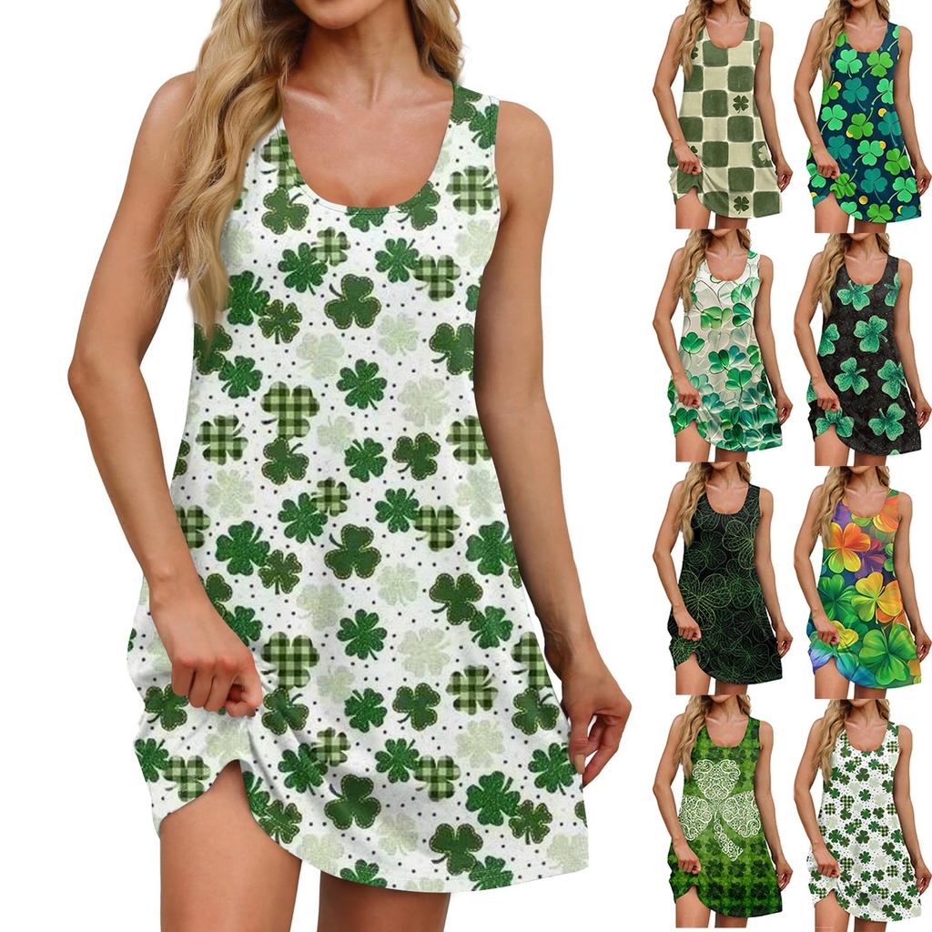 Women's Casual St. Patrick's Day Printed U-Neck Vest Dress With Side Pockets
