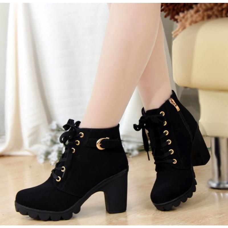 Autumn and Winter New High-heeled Women's Boots Cross-strap Short Boots Thick-heeled Martin Boots and Bare Boots