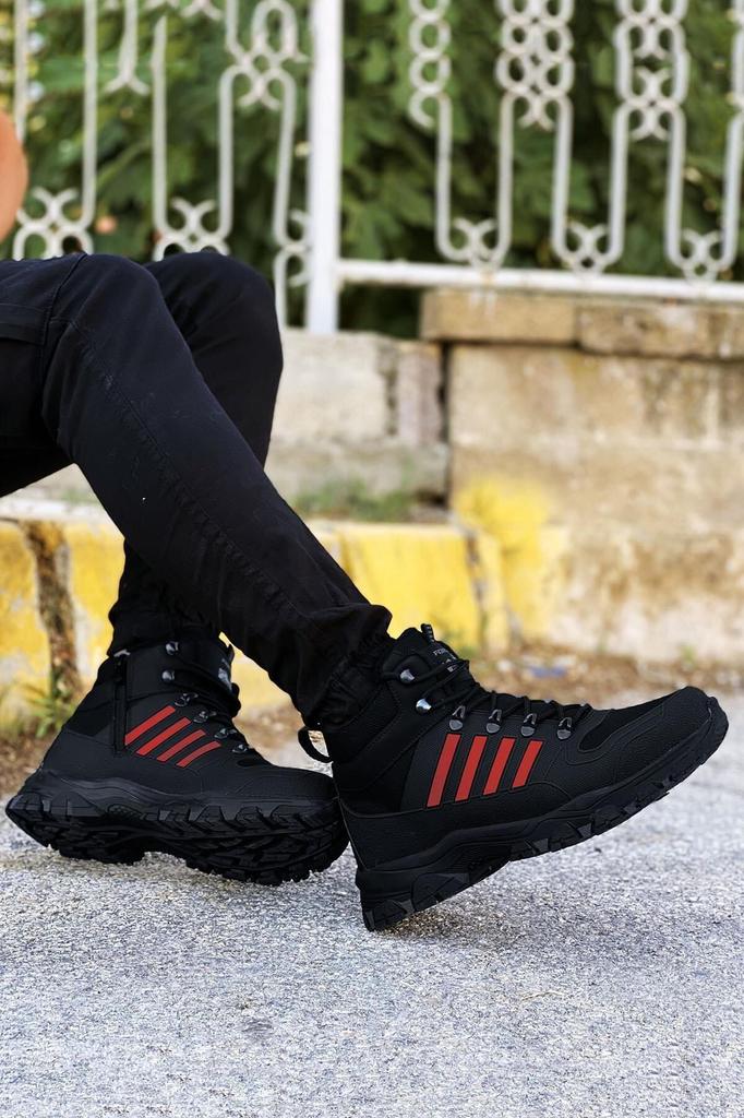 Men's Fashion Thick Heeled Booties Bootie Black Red Striped Rubber Unisex Trekking Boots Shoes