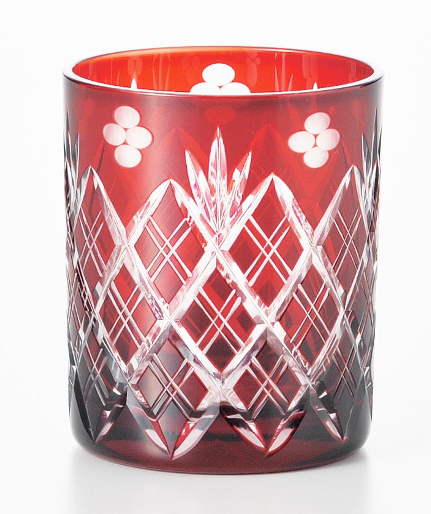 Edo Kiriko Glass Rocks Glass 250 мл Красный Маленький Цветок Меч Ярай Герб Деревянный Сделано в Японии 223527 (В коробке)