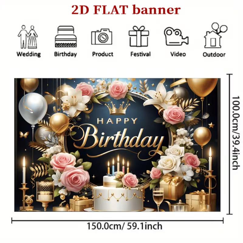 2D Floral Crown Birthday Backdrop, Luxury Black Gold Party Decoration Banner