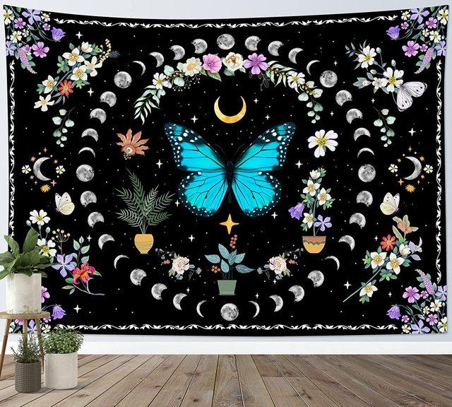 Moon Phase Tapestry Wall Hanging Butterfly Flower Boho Floral Plant Botanical Tapestries Window Vintage Carpets For Living Room