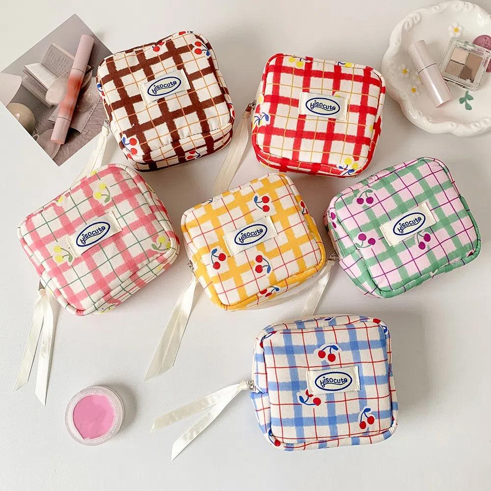 Large Capacity Korean Pencil Bag Checkered Cartoon Cherry Makeup Bag Stationery Storage Bag Gifts