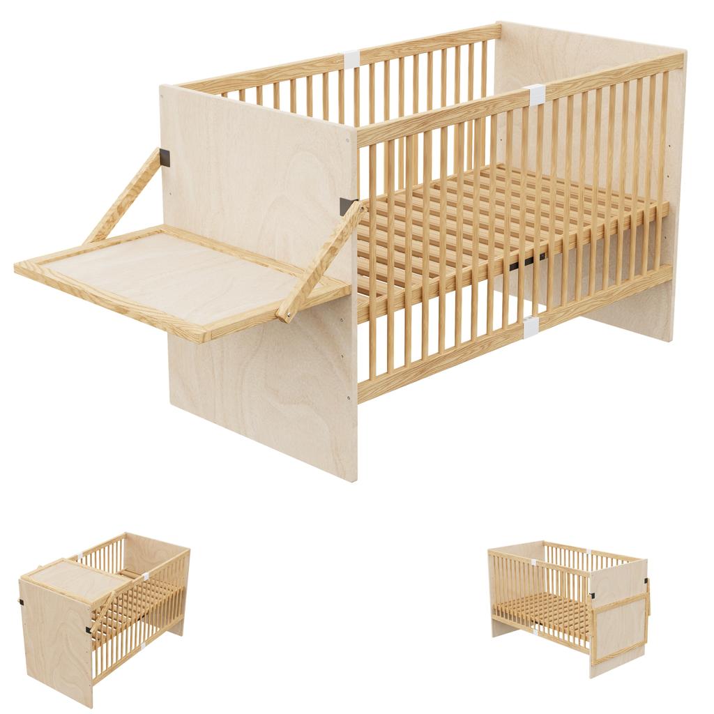 Crib, Solid Baby Bed, with Shelf / Changing Table, 4-Level Slatted Frame Height Adjustment, Pine Wood, Natural Wood Color, 70 x 140 x 95 cm
