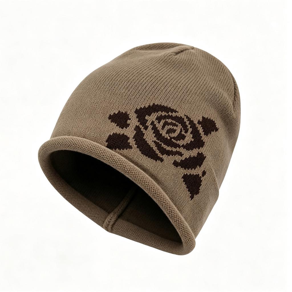 Rose jacquard pile hat autumn and winter velvet warm knitted hat showing face small wool hat ear protection hat women's