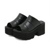 Gdgydh Women's Black Chunky Heel Sandals Stylish Peep Toe Platform Sandals Slip On Comfortable Solid Color Sandals for Women