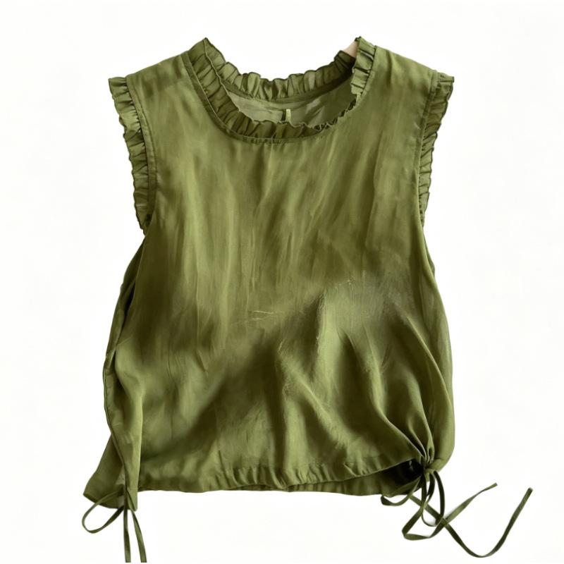 French fungus collar crew neck vest shirt women's summer new literary and retro loose and thin sleeveless top