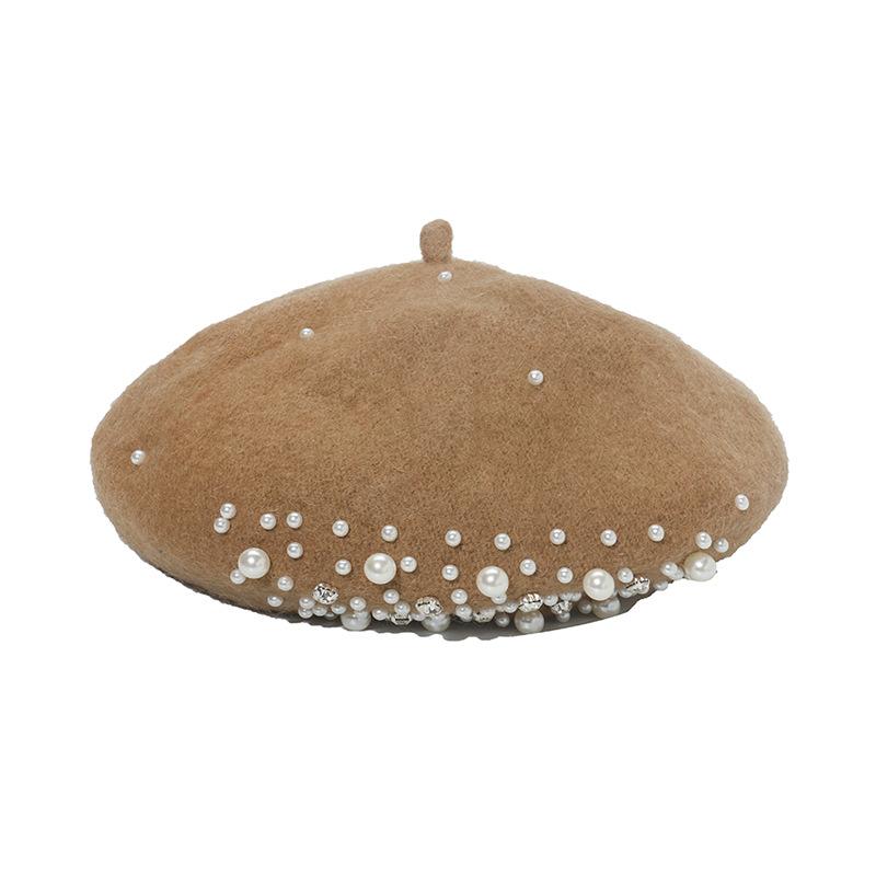 Women Fashion Wool Beret Custom Elegant Girls Beret with Pearl Rivets Wool Beret for Lady