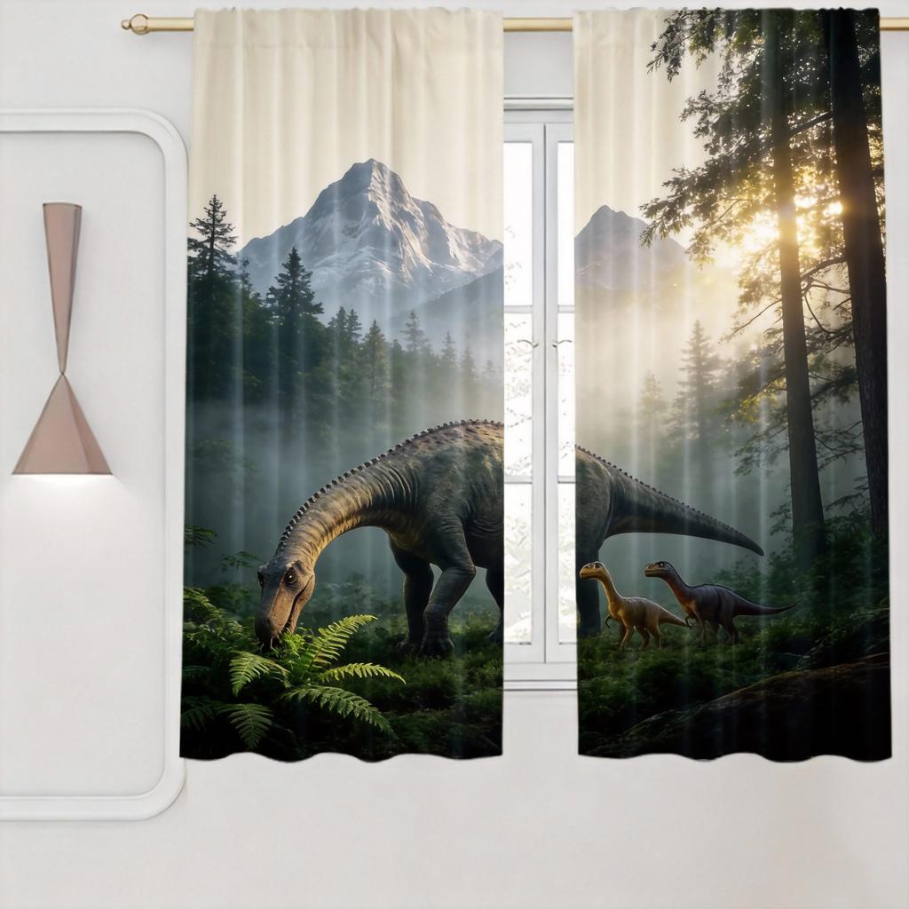 Dinosaur Curtains 2pcs – T-Rex & Jurassic Jungle Scene, Realistic Prehistoric Animal Print for Kids’ Bedroom and Playroom Decor