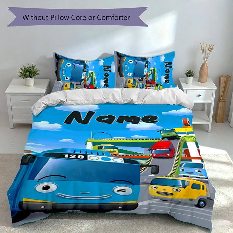 3pcs Custom Name Tayo the Little Bus Bedding Set,Includes 1 Duvet Cover and 2 Pillowcases,All-season Bedroom Decor