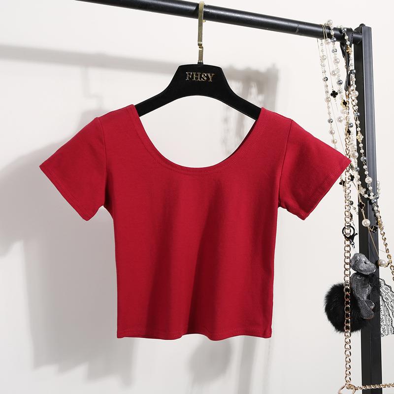 Модная и простая бестселлерная футболка с U-образным вырезом, однотонная женская сексуальная футболка с короткими рукавами для девочек