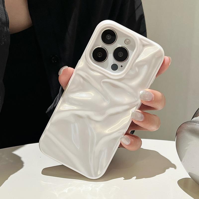Кейс с текстурой складок Жемчужно-белый для iPhone 16 13 14 11 12 Pro Max 15 Plus Стильный Глянцевый Мягкий ТПУ Задняя крышка телефона