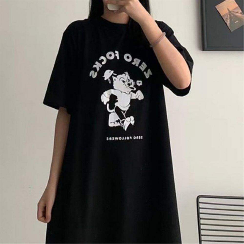 New Arrivals Open Run Women Simple Print Lettering Black Oversized Long Dress