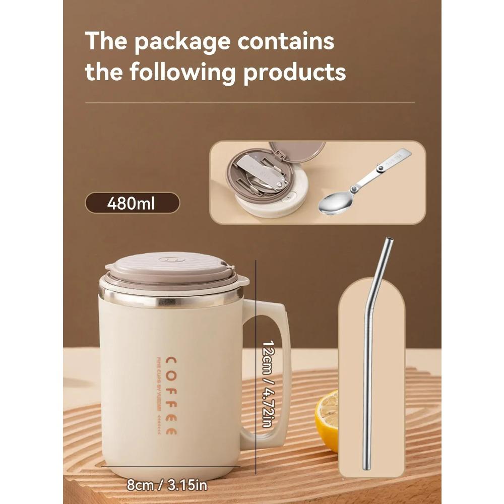 WORTHBUY 480ML Coffee Cups With Straw&Spoon 304 Stainless Steel Reusable Portable Leak-proof Coffee Milk Mug Drinking Cup Trump