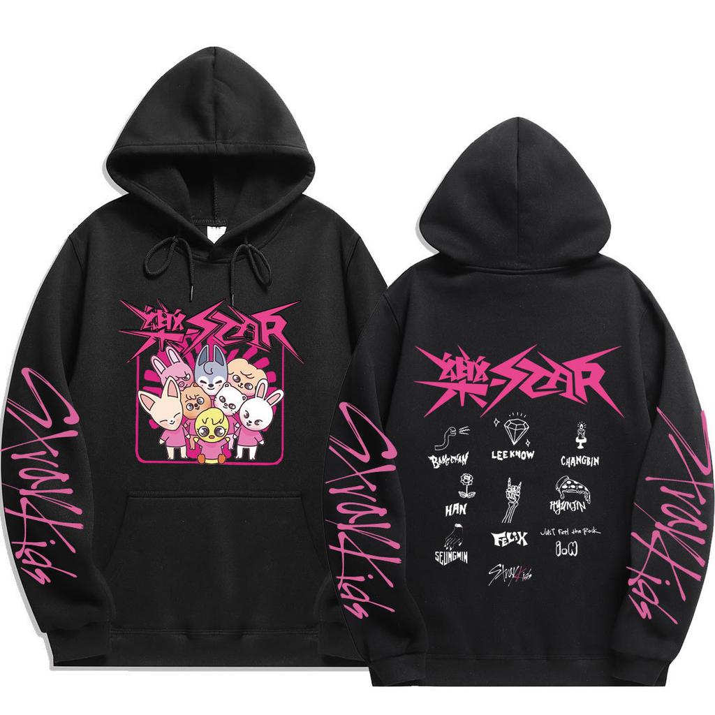Групповая толстовка Stray Kids SKZOO с принтами логотипа Rock‑Star и именами участников сзади в стиле наброска Just Feel the Rock, Оверсайз пуловер для фанатов K‑Pop