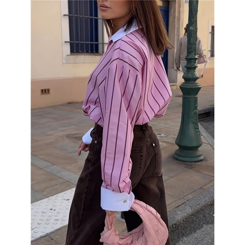 Women Vintage Striped Shirt Turn Down Collar Contrast Cuff Long Sleeve Loose V Neck Blouse Top