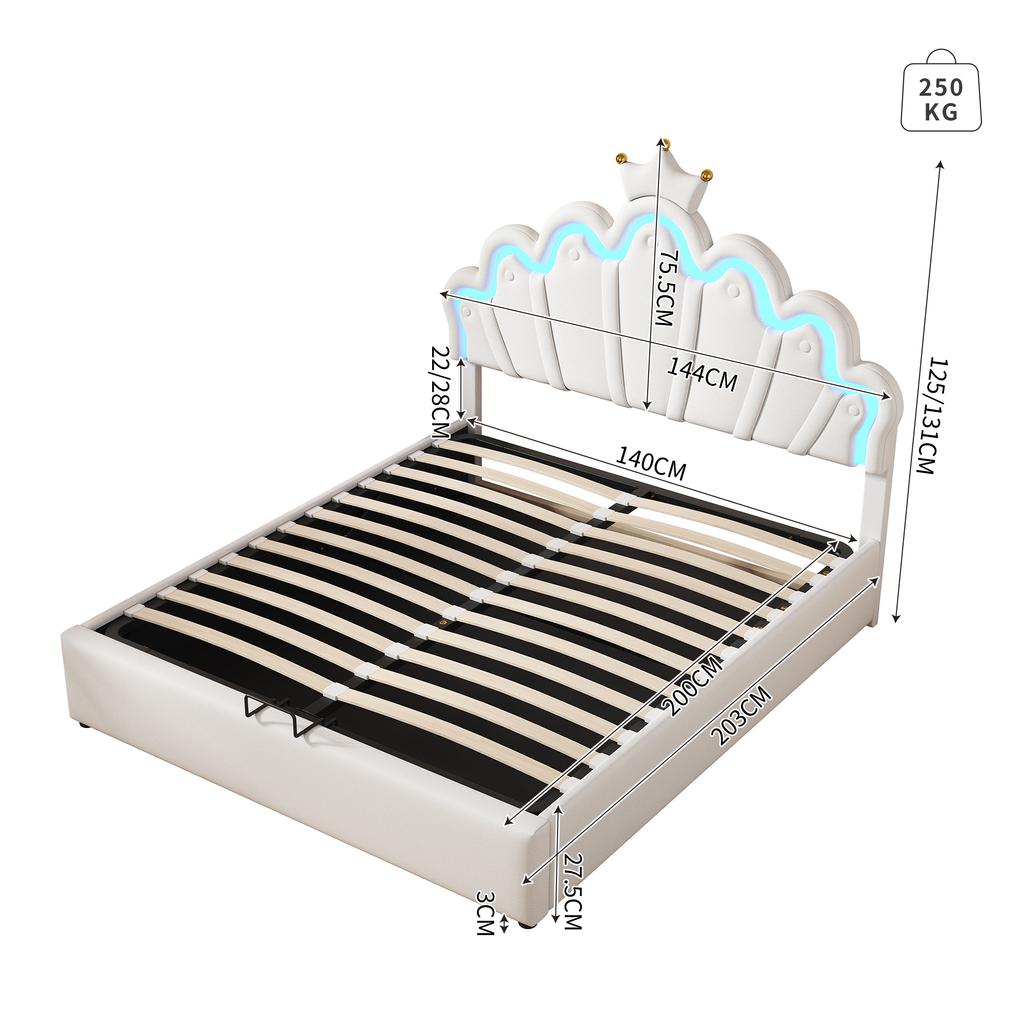 140*200cm Flat Bed, Upholstered Bed, Princess Bed, Adjustable Ambient Lighting, Crown Strip, White