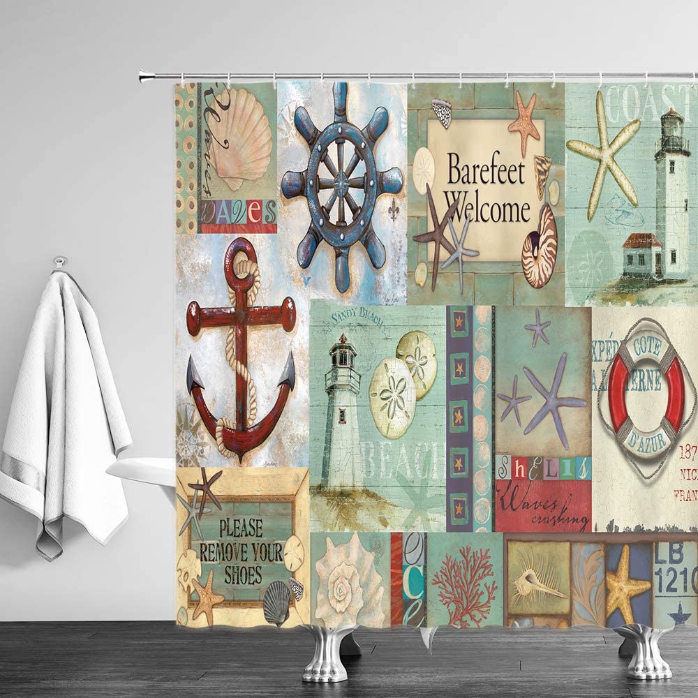 Nautical Sailboat Shower Curtain Ocean Lighthouse Compass Anchor Starfish Seashell Bathroom Decor Fabric Curtains with Hooks